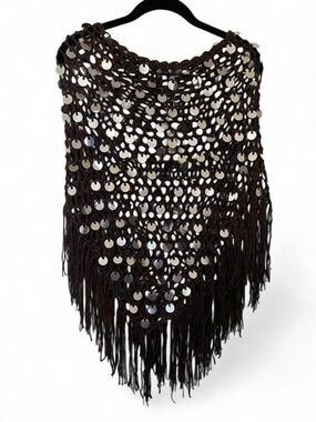 Chocolate Brown with silver sequin crochet knit poncho with fringe Large New